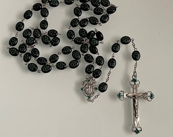 Black with Green Shamrock Beaded Celtic / Irish Rosary, Silver Toned - Free USA Shipping