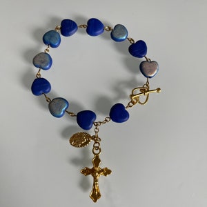 Blue Heart and Gold Beaded Rosary (Prayer Beads) Bracelet - Infant of Prague Medal FFeatured - One Decade Rosary - Roman Catholic
