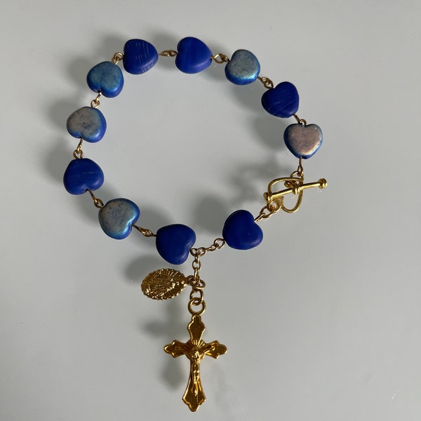 Blue Heart and Gold Beaded Rosary (Prayer Beads) Bracelet - Infant of Prague Medal - FREE USA SHIPPING!!!!!