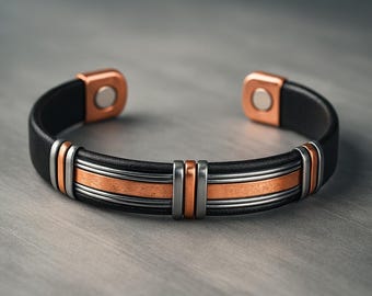 Mens Copper Leather Bracelet Stainless Steel Cuff Inner Copper Adjustable Gift for Him