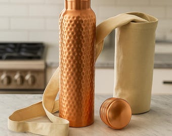 Hammered Copper Water Bottle 32oz, Metal Drink Bottle with Canvas Bag, Leakproof Reusable Flask