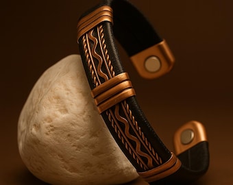 Magnetic Copper Bracelet for Men- Black and Copper Cuff for Pain Relief, Stylish Adjustable Wellness Bangle.