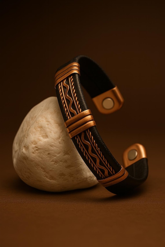 Magnetic Copper Bracelet for Men- Black and Copper Cuff for Pain Relief, Stylish Adjustable Wellness Bangle.