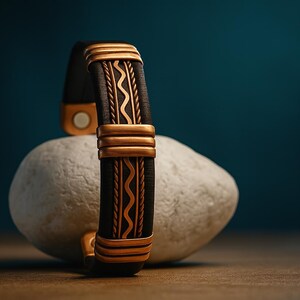 May include: A black leather bracelet with gold-colored metal accents. The bracelet features a decorative design with wavy and linear patterns. The bracelet is resting on a light-colored stone against a dark teal background.