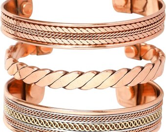Handcrafted Copper Cuff Bracelet Set: Twisted Rope, Chain-Link & Layered Design