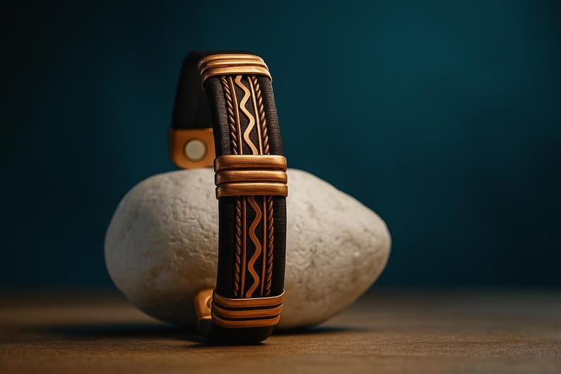 May include: A black leather bracelet with gold-colored metal accents and a magnetic clasp. The bracelet features a decorative design with wavy and linear patterns. The bracelet is displayed on a white stone against a dark teal background.