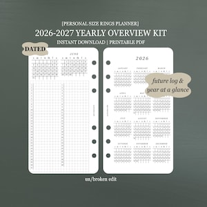 Peut inclure: Un kit de vue d'ensemble annuelle 2026-2027 pour agenda à anneaux taille personnelle, PDF imprimable. Les pages blanches présentent du texte noir, incluant un calendrier mensuel daté pour juin, une grille et un calendrier annuel 2026.