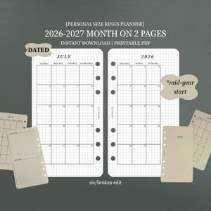 Peut inclure: Un planificateur à anneaux de taille personnelle en PDF imprimable avec une mise en page mois sur 2 pages pour 2026-2027. Le calendrier à grille daté affiche juillet 2026 avec les jours de la semaine et des inserts de pages quadrillées.