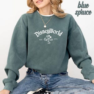 Puede incluir: Una sudadera azul turquesa con un gr&aacute;fico blanco de Mickey Mouse y el texto "Disney World Est. 1971".