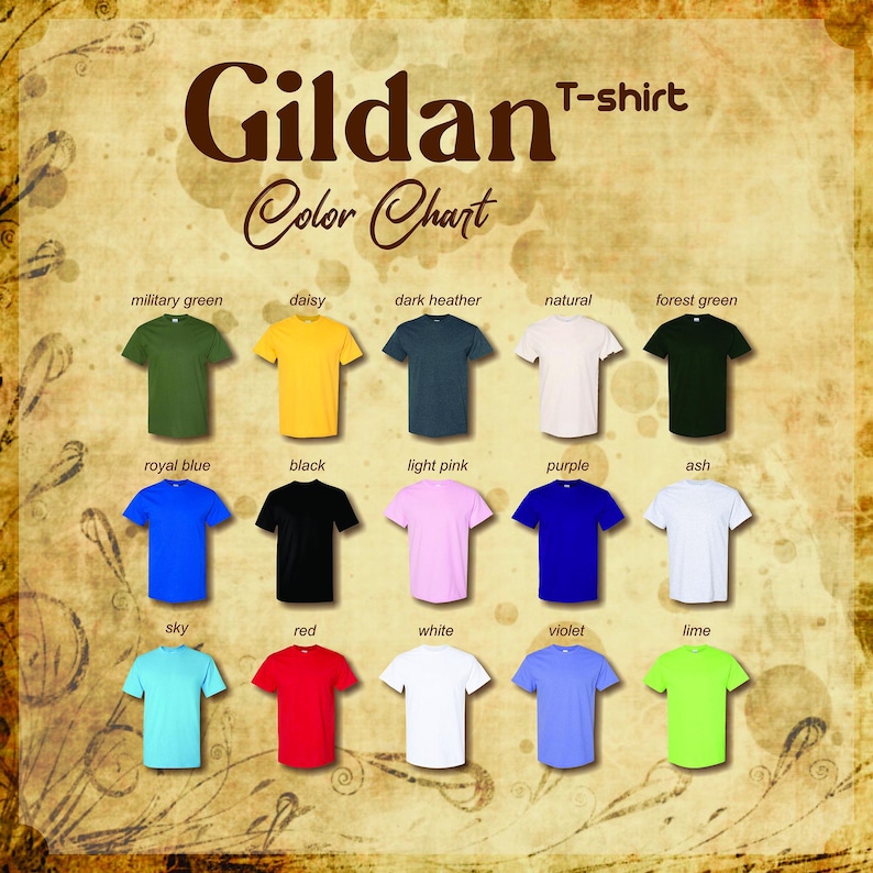 K&ouml;nnte beinhalten: Farbkarte f&uuml;r Gildan T-Shirts, die 15 verschiedene Farben zeigt, darunter Milit&auml;rgr&uuml;n, G&auml;nsebl&uuml;mchen, Dunkelgrau meliert, Natur, Waldgr&uuml;n, K&ouml;nigsblau, Schwarz, Hellrosa, Lila, Asche, Himmelblau, Rot, Wei&szlig;, Violett und Limette.