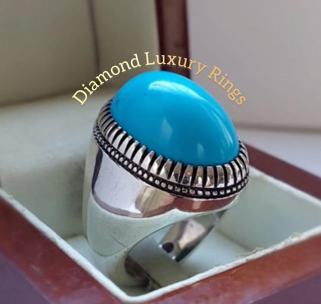 Natural Turquoise Rings Men Oval Feroza Gemstone Ring Sterling Silver ...