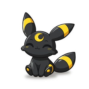 Puede incluir: Ilustración de dibujos animados de una criatura negra con detalles amarillos. La criatura tiene orejas grandes con rayas amarillas, una luna creciente en la frente y una cola a rayas amarillas. Está sentada y sonriendo.
