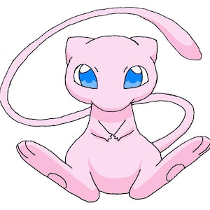 May include: A pink cartoon illustration of a Mew character. The character has large blue eyes, small hands, and large feet. It is sitting with its legs spread and its tail curving above its head.