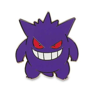May include: A purple enamel pin featuring a cartoon character with a jagged head, red eyes, and a wide, toothy grin. The pin has a gold-colored outline and is set against a white background. The character's design is reminiscent of a popular animated series.