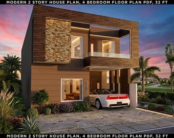 Modern 2 Story House Plan, 4 Bedroom Floor Plan PDF, 32 ft Wide Duplex Home Design, Architectural Blueprint Instant Download