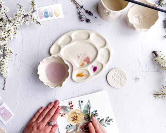Minimalist Handmade Ceramic Watercolor Kit, Asymmetric Palette with Wells, Water Cup and Brush Rest
