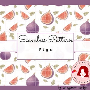 Puede incluir: Un diseño de patrón sin costuras con ilustraciones de acuarela de higos. El patrón incluye higos enteros, rodajas de higos y hojas verdes sobre un fondo blanco. El texto "Seamless Pattern Figs" se muestra.