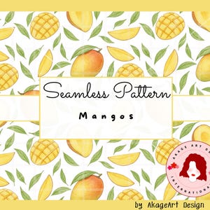 May include: A seamless pattern design featuring watercolor illustrations of ripe mangoes and mango slices, along with green leaves, set against a white background. The text "Seamless Pattern Mangos" is displayed in the center.