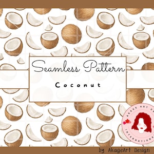 May include: A seamless pattern design with watercolour illustrations of coconuts and coconut slices on a white backdrop. The text "Seamless Pattern Coconut" is displayed in a rectangular frame. The design includes a logo by AkageArt Design.