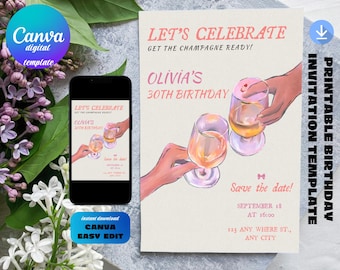 Invitación ilustrada para 30 cumpleaños: Colores pastel (Descarga digital)