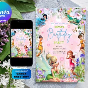 Faire-part d'anniversaire modifiable fée clochette, faire-part de fête d'anniversaire fée fée clochette, faire-part d'anniversaire pour enfants, invitation de fête d'anniversaire fée clochette