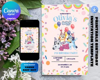 Bluey Birthday Invitation Template: Rainbow Party (Digital Download)