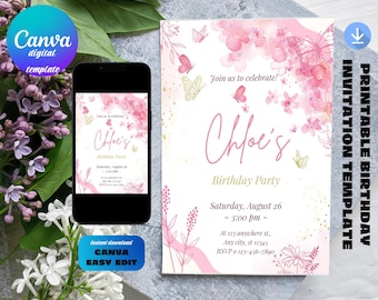 Butterfly Birthday Invitation: Pink Floral, Editable Template (Digital Download)