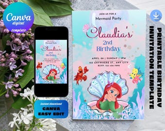 Editable Little Mermaid Ariel Birthday invitation | Little Mermaid invite party card| Mermaid Princess Invitation| INSTANT DOWNLOAD