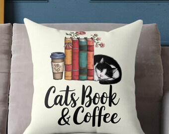 読書好きのための枕カバー：猫、本、コーヒーのデザイン - 中身付き