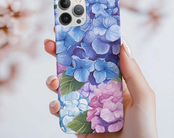 ブルーピンクのアジサイのスマホケース – ソフトフローラルカバー、iPhone & Samsung