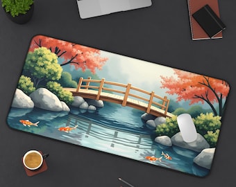 Alfombrilla de escritorio con diseño de puente y árboles en un estanque de peces koi: alfombrilla de ratón de neopreno para el hogar o la oficina