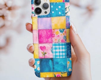 Telefoonhoesje met bloemenpatchwork: boho-quiltprint, beschermhoes iPhone