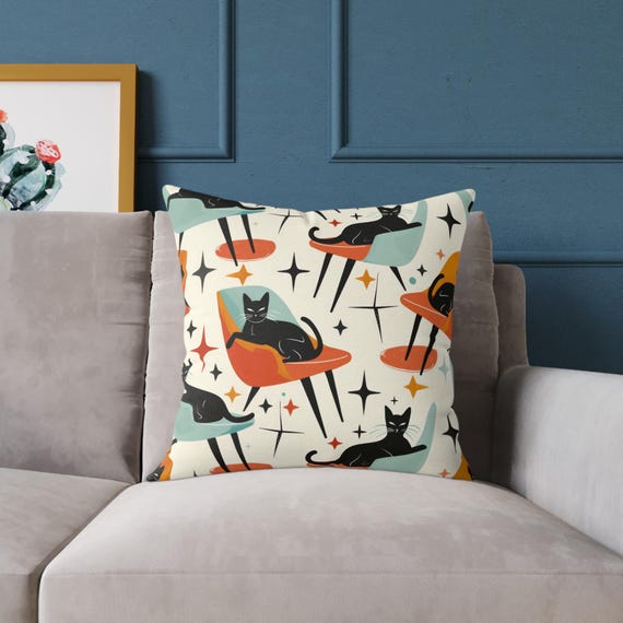 Retro Cat Throw Pillow: Mid-Century Modern Black Orange Turquoise Cushion
