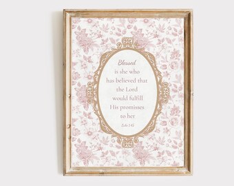 Vintage Chinoiserie Christian Nursery Wall Art for Girls | Luke 1:45 Watercolor Scripture Decor Digital Download
