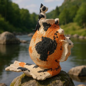 Vaso in ceramica fatto a mano con gatto e pesce koi, decorazione in ceramica con animali, accessorio artistico unico per la casa