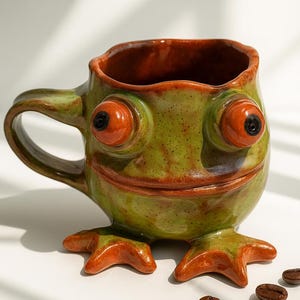 Whimsical Ceramic Art Mug – Handmade Frog Cup – Collectible Pottery Sculpture – Funny Animal Coffee Mug