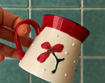 Red Flower Ceramic Mug – Handmade Coffee Cup – Rustic Pottery Gift