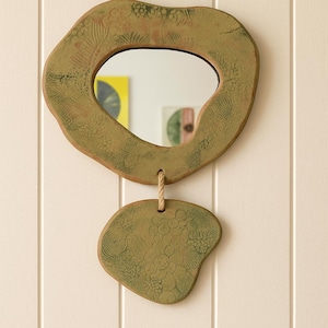 Handmade Ceramic Wall Mirror – Boho Organic Shape with Lace Texture – Rustic Hanging Home Decor