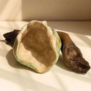 Handmade Ceramic Bowl with Driftwood: Aqua Green Wabi Sabi Centerpiece