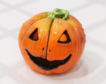 Handgefertigte Keramik Kürbis Laterne – Halloween Kerzenhalter – Glasierter Orange Halloween Halloween Dekor