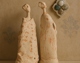 Abstract Ceramic Couple Sculpture – Handmade Clay Figurine – Rustic Romantic Home Decor Gift