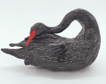Handmade Black Swan Ceramic Sculpture – Mystical Bird Figurine – Elegant Home Decor – Unique Art Gift