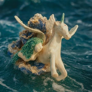 Escultura de sirena unicornio de cerámica hecha a mano: decoración oceánica mítica, figura de arte fantástico único