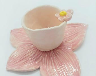 Pink Ceramic Flower Teacup and Saucer – Handmade Cottagecore Gift
