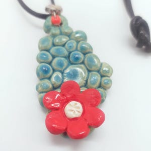 Handmade Ceramic Flower Pendant Necklace: Red & Green Glaze, Artisan Jewelry