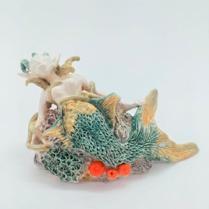 Mythical Sea Goddess Sculpture – Handmade Fantasy Figurine with Coral Base – Ocean Elf Ceramic Art – One of a Kind Collectible