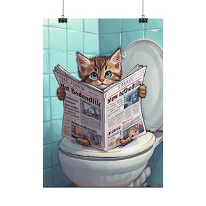 気まぐれな猫が新聞を読むポスター、かわいい猫の壁アート、バスルームの装飾、猫好きへの面白いギフト、遊び心のあるホームデコレーション