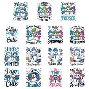 May include: A collection of winter-themed graphics featuring snowmen with various text overlays. Designs include phrases like "Merry Christmas," "Hello Winter," and "I am Snow Cute." The snowmen are depicted with hats, scarves, and winter accessories.