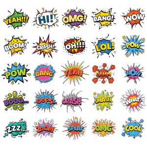 May include: A collection of colorful comic book sound effects, including "YEAH!!!", "OMG!", "BOOM!", and "WOW!" in various shapes and colors. These pop art style speech bubbles are perfect for adding a retro touch to any design.