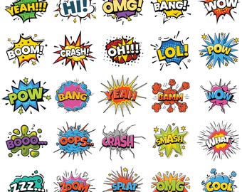 Comic Style Action Svg Bundle,Pop art text,Comic Cartoon Style,Comic Book clipart,Bundle of Comic Style Action Bubbles,Instant download,Png